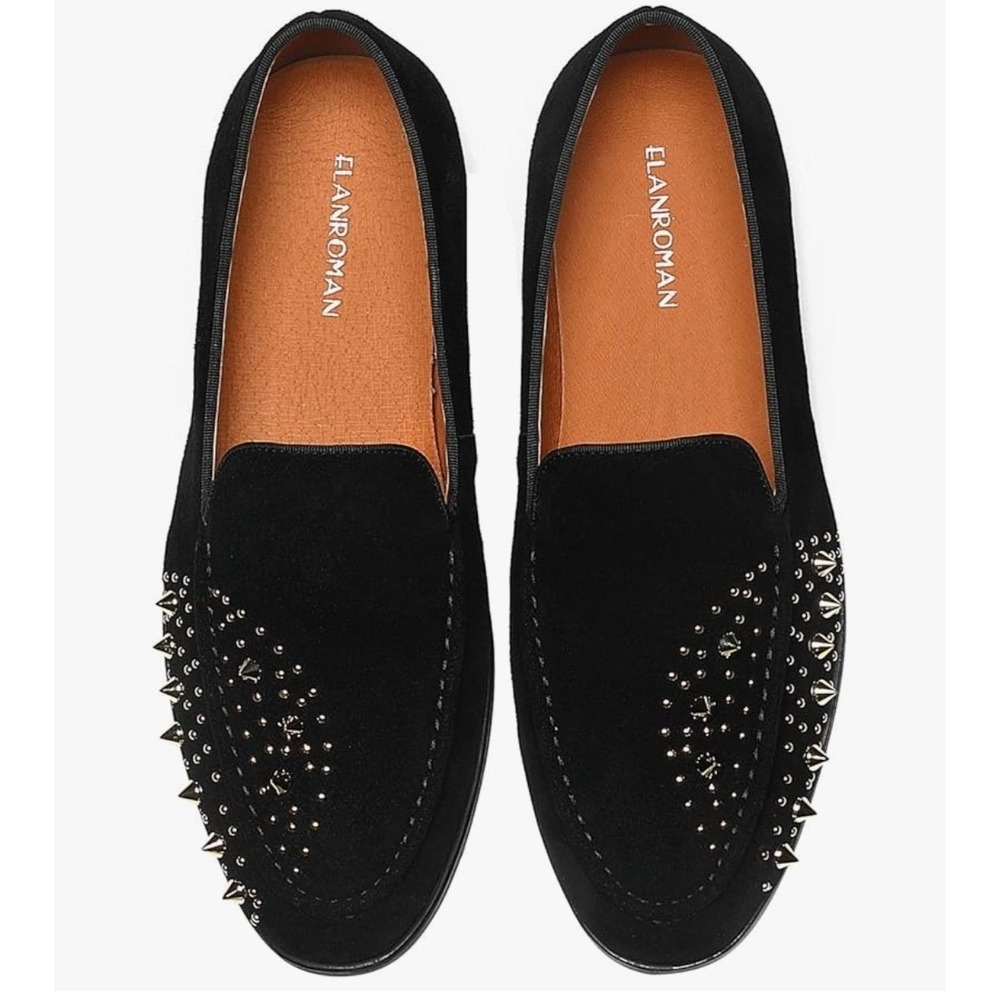 Elanroman Black Studded Loafers Gold Spikes Red Sole Shoes Womens Size 13.5 NEW - Picture 3 of 13